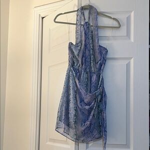 Blue Blush Halter Backless Dress in Blue Snake Print